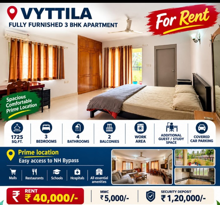 3 BHK flat for rent in Vyttila, kochi